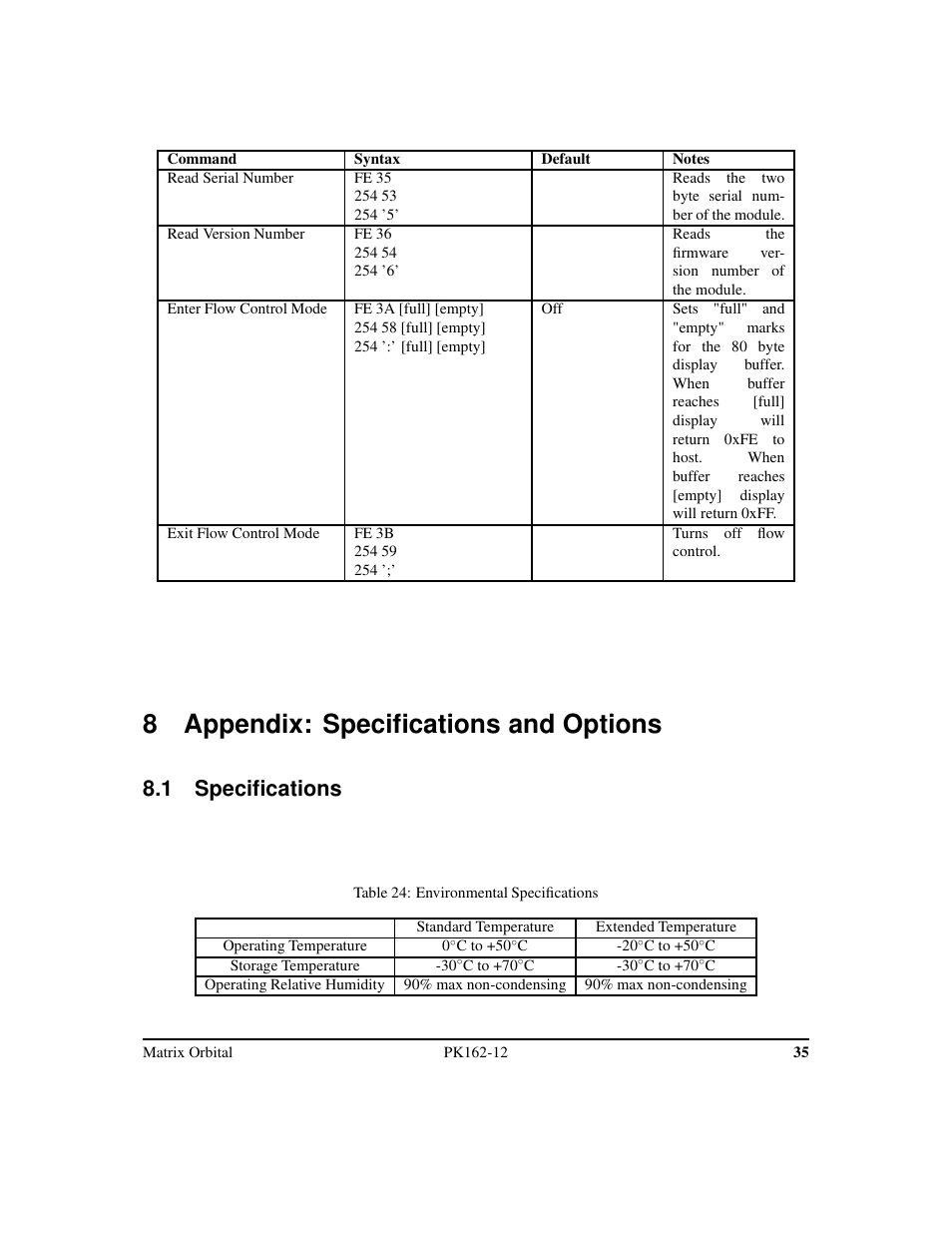 8 appendix: specifications and options, 1 specifications | Matrix Orbital PK162-12 User Manual | Page 39 / 44