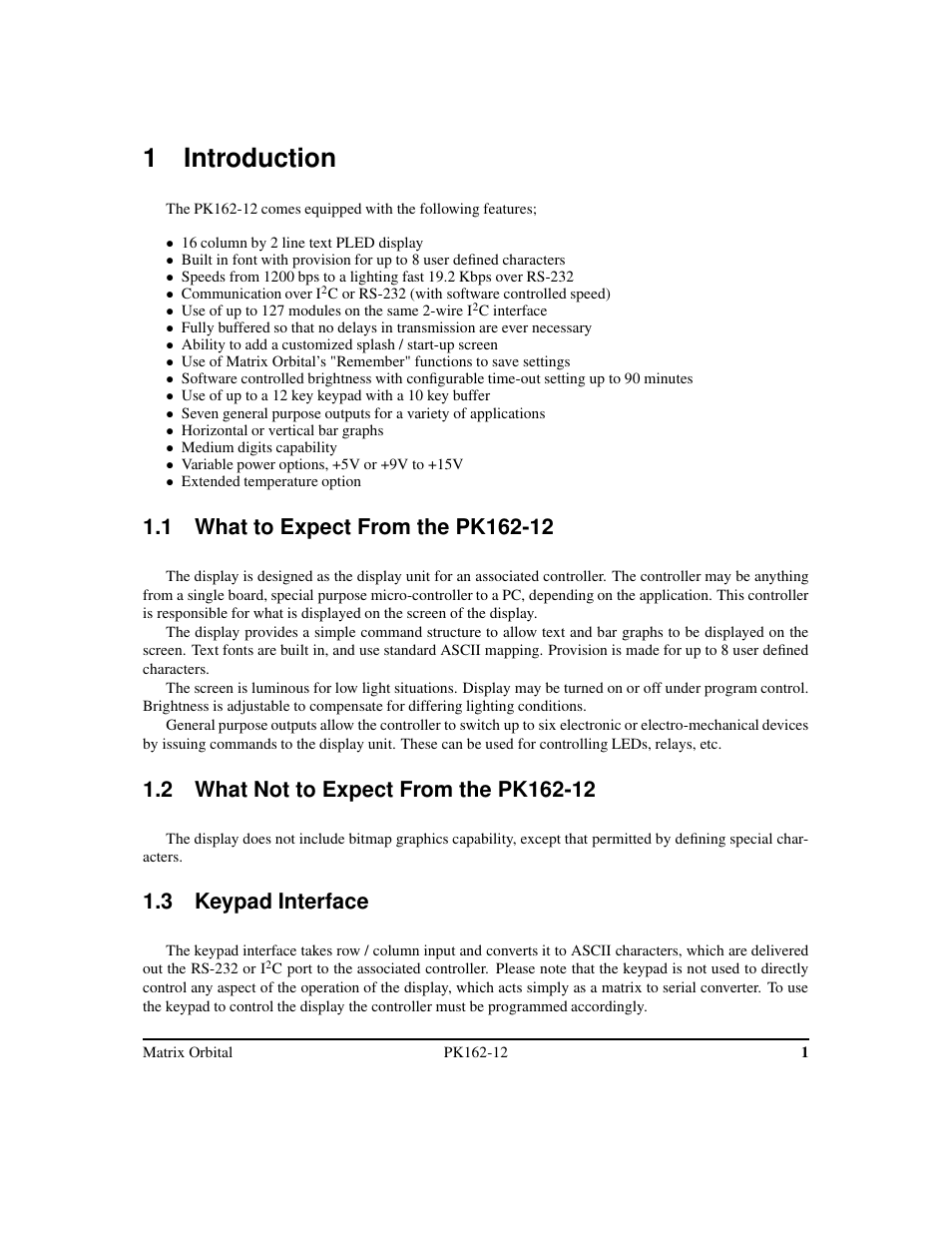 1 introduction, 3 keypad interface | Matrix Orbital PK162-12 User Manual | Page 5 / 44
