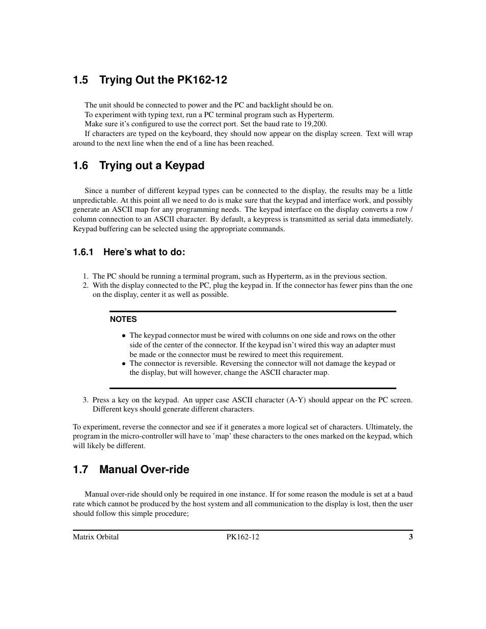 6 trying out a keypad, 7 manual over-ride | Matrix Orbital PK162-12 User Manual | Page 7 / 44
