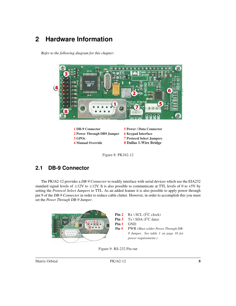 2 hardware information, 1 db-9 connector | Matrix Orbital PK162-12 User Manual | Page 12 / 60