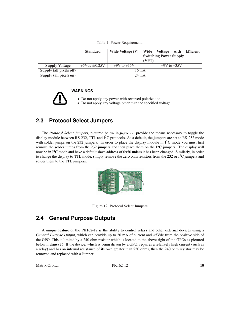 3 protocol select jumpers, 4 general purpose outputs | Matrix Orbital PK162-12 User Manual | Page 14 / 60