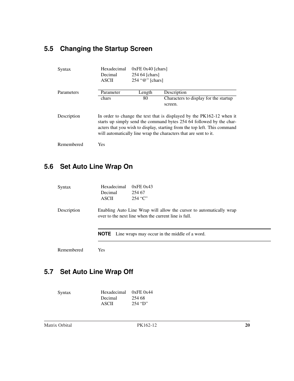 5 changing the startup screen, 6 set auto line wrap on, 7 set auto line wrap off | Matrix Orbital PK162-12 User Manual | Page 24 / 60