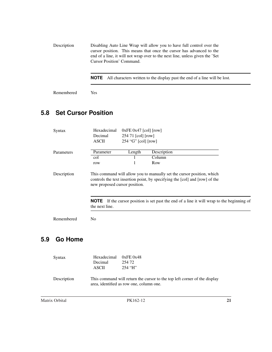 8 set cursor position, 9 go home | Matrix Orbital PK162-12 User Manual | Page 25 / 60