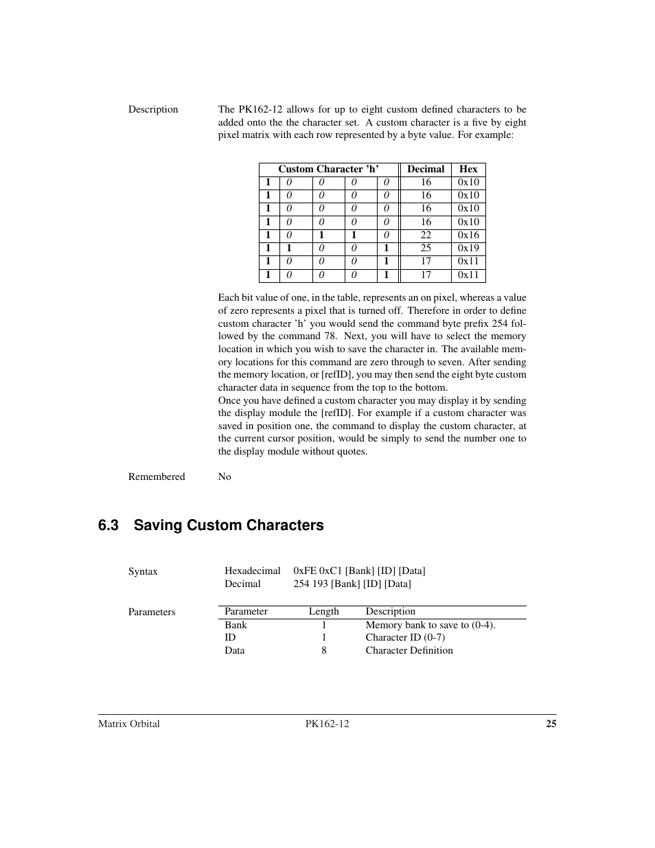 3 saving custom characters | Matrix Orbital PK162-12 User Manual | Page 29 / 60