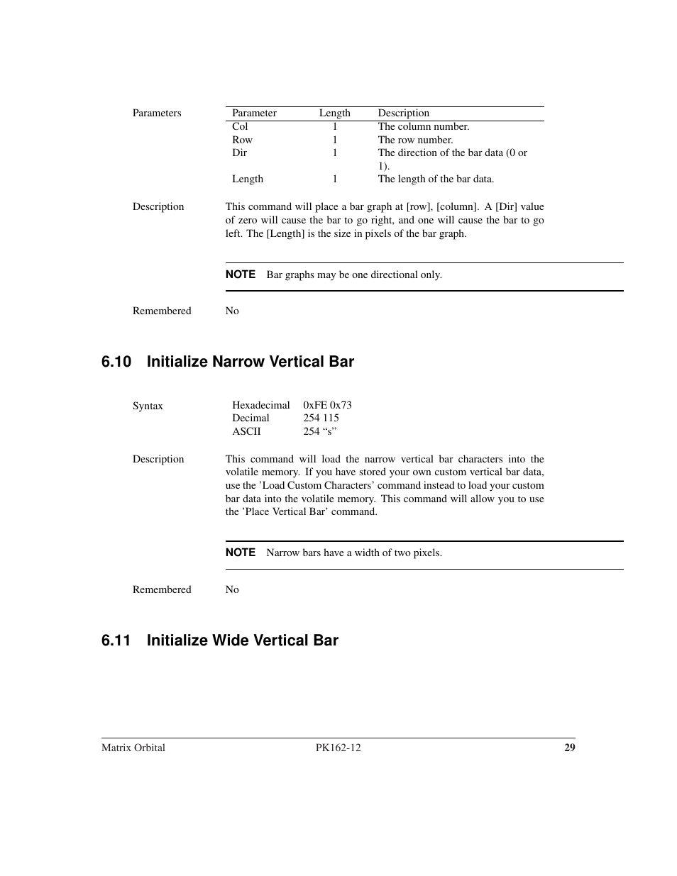 10 initialize narrow vertical bar, 11 initialize wide vertical bar | Matrix Orbital PK162-12 User Manual | Page 33 / 60