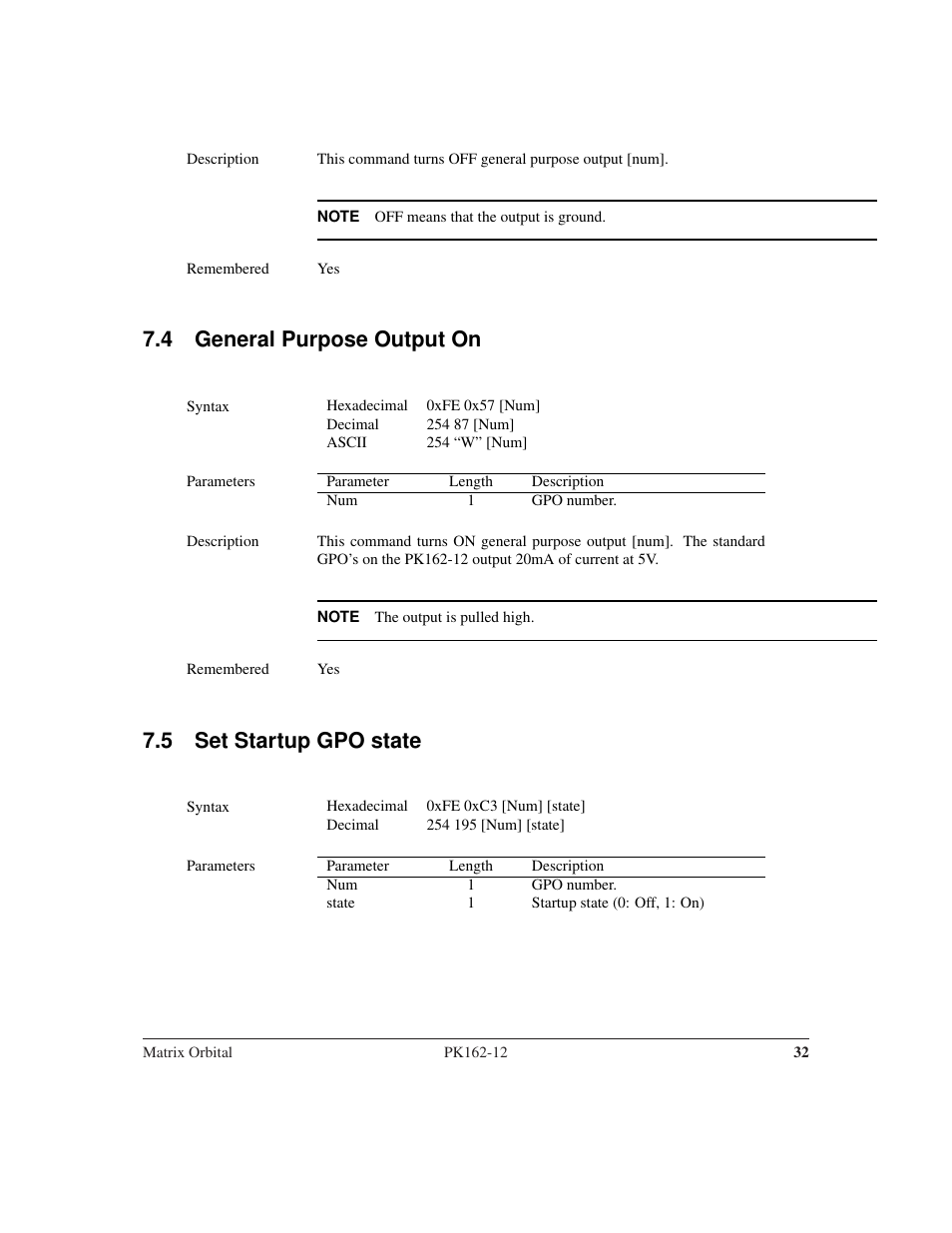 4 general purpose output on, 5 set startup gpo state | Matrix Orbital PK162-12 User Manual | Page 36 / 60