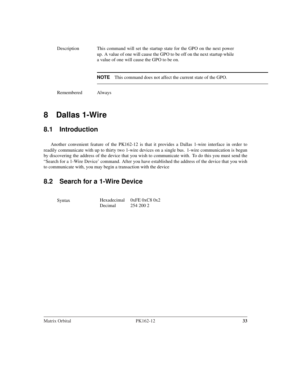 8 dallas 1-wire, 1 introduction, 2 search for a 1-wire device | Matrix Orbital PK162-12 User Manual | Page 37 / 60