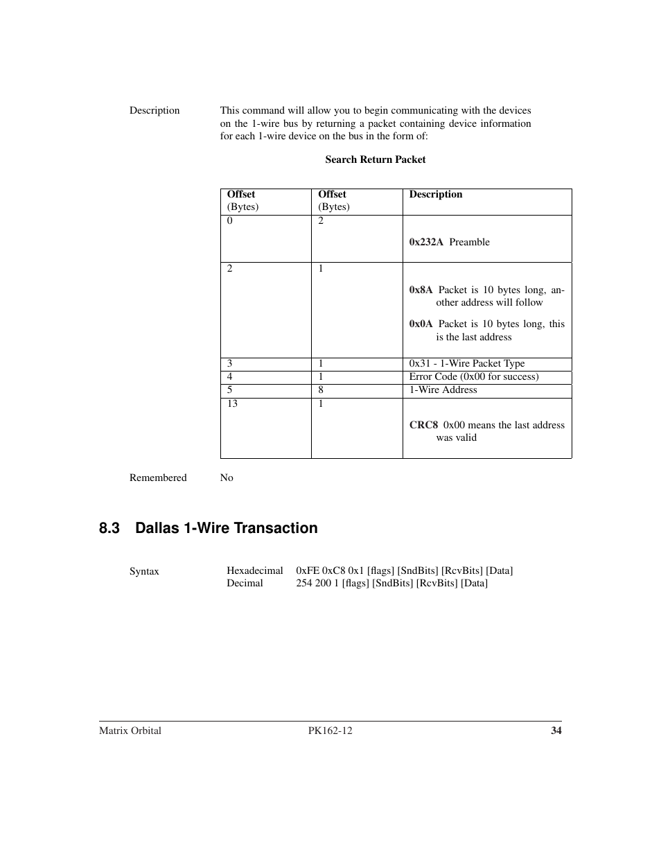 3 dallas 1-wire transaction | Matrix Orbital PK162-12 User Manual | Page 38 / 60
