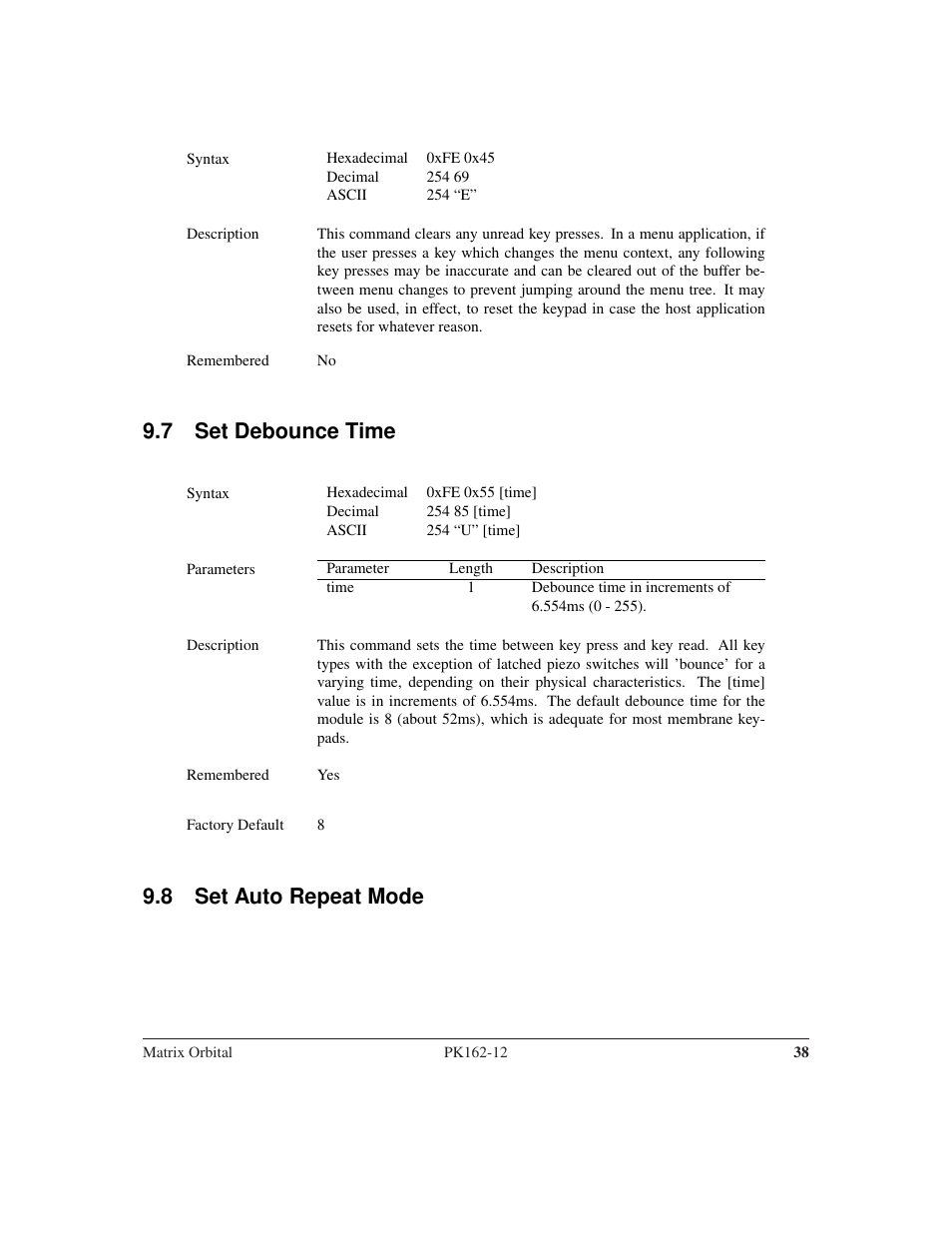 7 set debounce time, 8 set auto repeat mode | Matrix Orbital PK162-12 User Manual | Page 42 / 60
