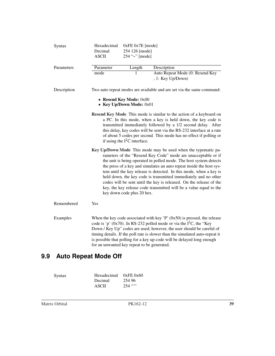 9 auto repeat mode off | Matrix Orbital PK162-12 User Manual | Page 43 / 60