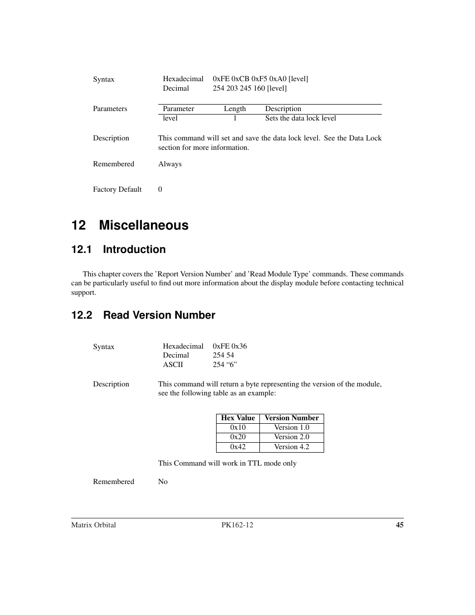 12 miscellaneous, 1 introduction, 2 read version number | Matrix Orbital PK162-12 User Manual | Page 49 / 60
