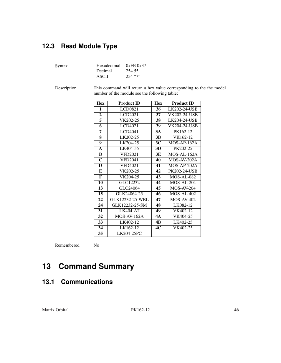 13 command summary, 3 read module type, 1 communications | Matrix Orbital PK162-12 User Manual | Page 50 / 60