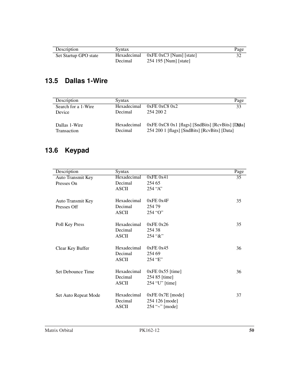 5 dallas 1-wire, 6 keypad | Matrix Orbital PK162-12 User Manual | Page 54 / 60