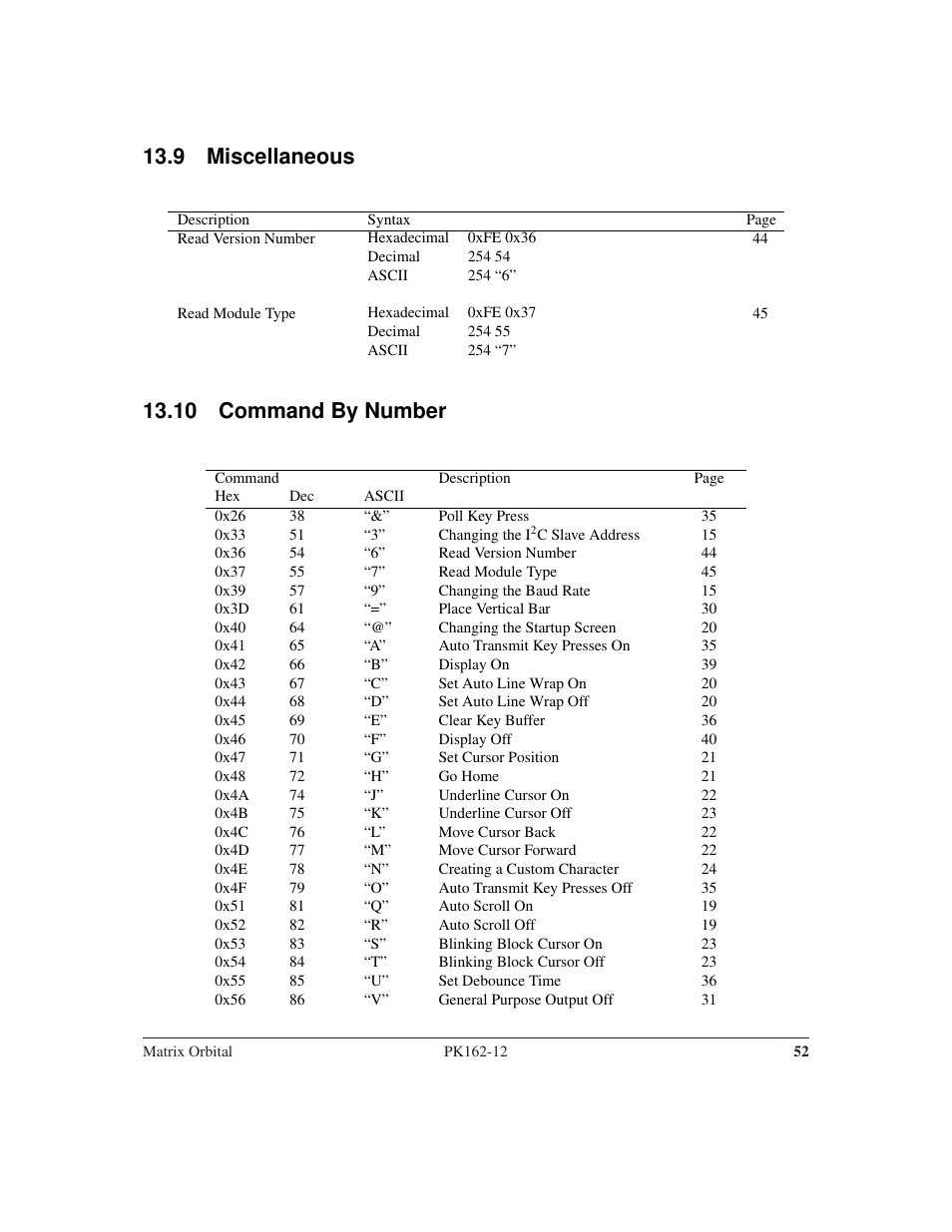 9 miscellaneous, 10 command by number | Matrix Orbital PK162-12 User Manual | Page 56 / 60