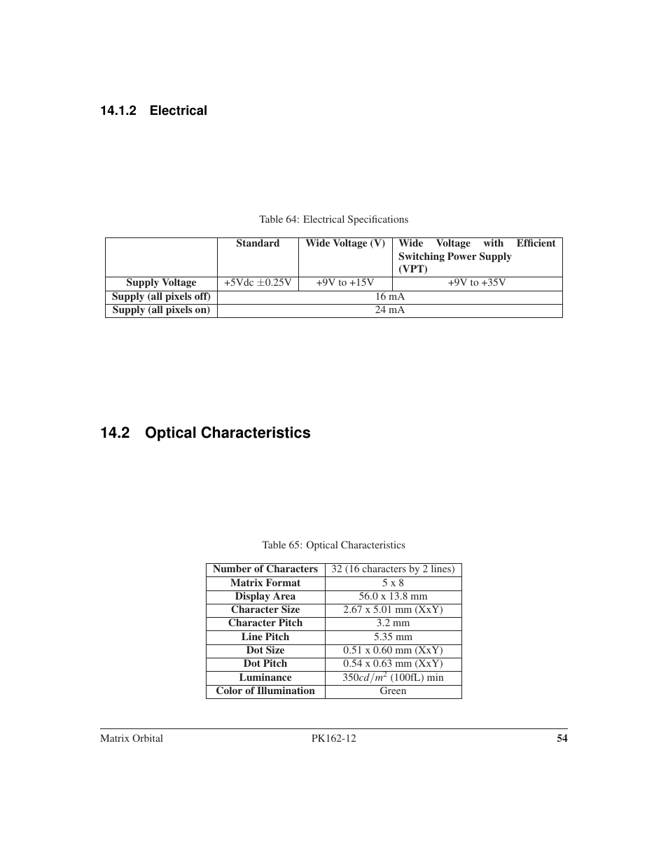 2 optical characteristics | Matrix Orbital PK162-12 User Manual | Page 58 / 60
