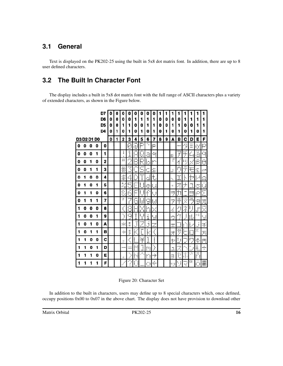 1 general, 2 the built in character font | Matrix Orbital PK202-25 User Manual | Page 20 / 50