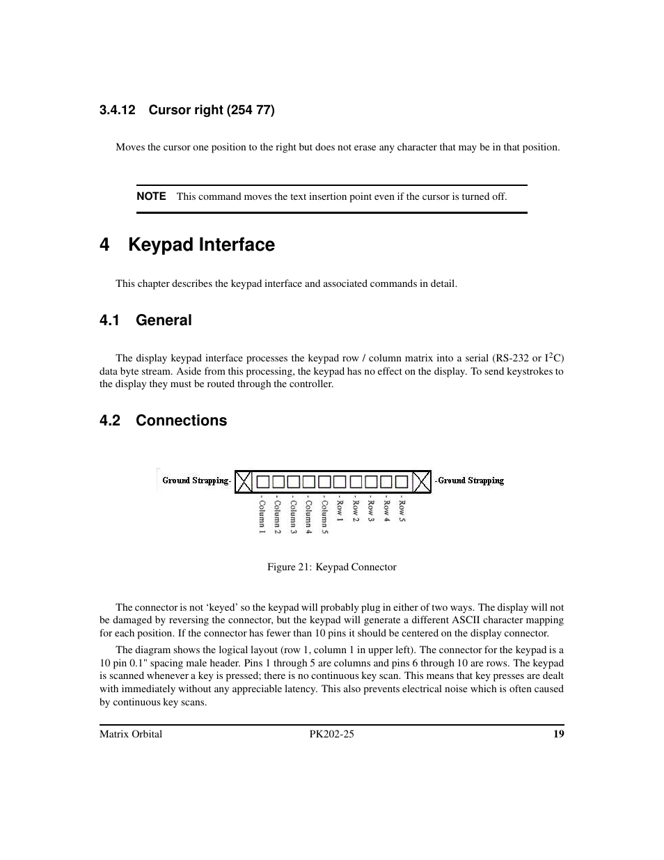 4 keypad interface, 1 general, 2 connections | Matrix Orbital PK202-25 User Manual | Page 23 / 50