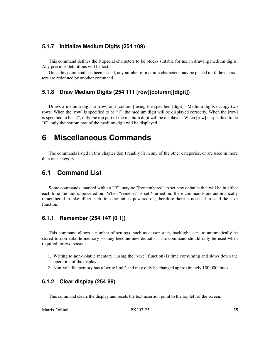 6 miscellaneous commands, 1 command list | Matrix Orbital PK202-25 User Manual | Page 29 / 50