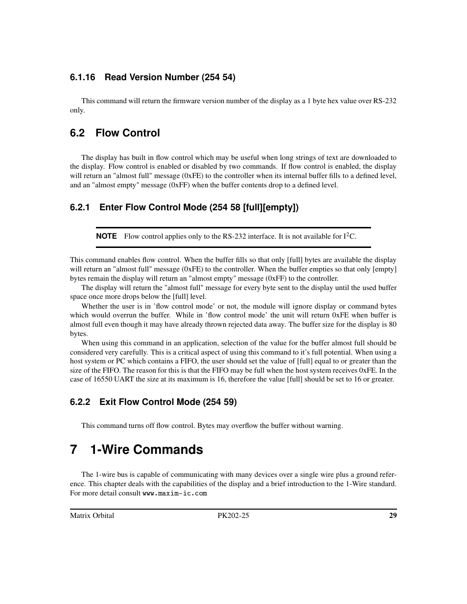 7 1-wire commands, 2 flow control | Matrix Orbital PK202-25 User Manual | Page 33 / 50