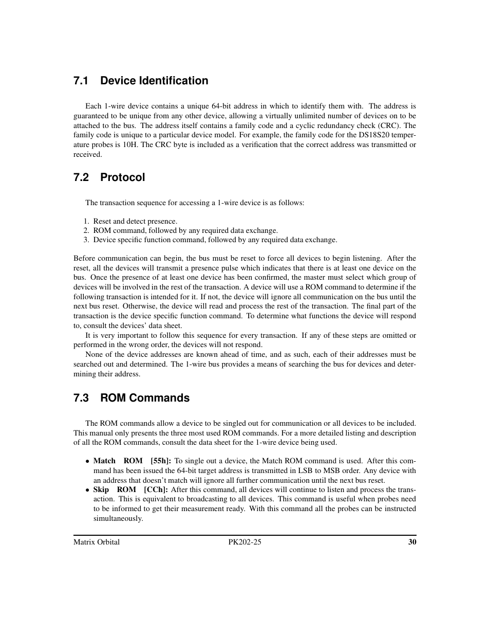 1 device identification, 2 protocol, 3 rom commands | Matrix Orbital PK202-25 User Manual | Page 34 / 50