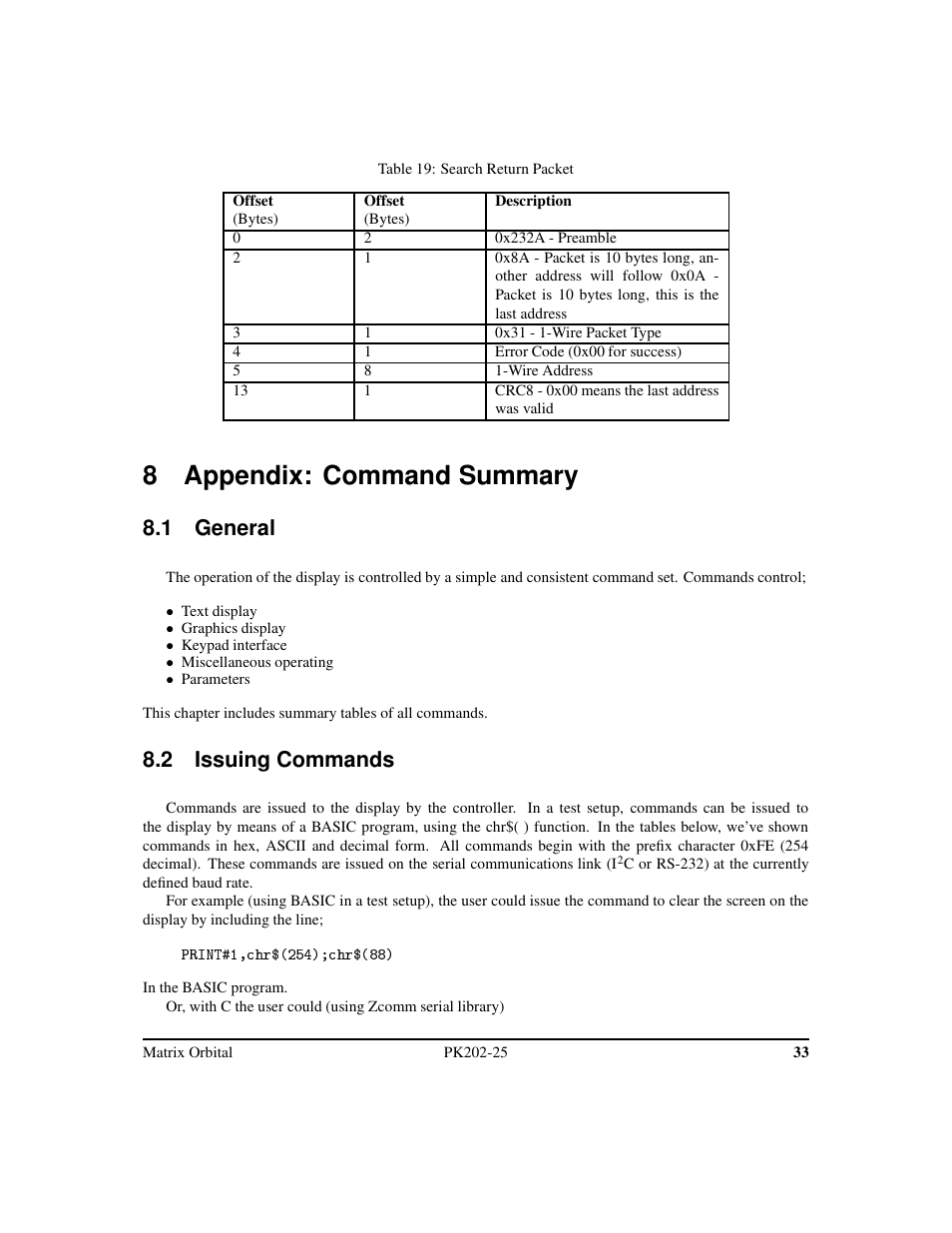 8 appendix: command summary, 1 general, 2 issuing commands | Matrix Orbital PK202-25 User Manual | Page 37 / 50