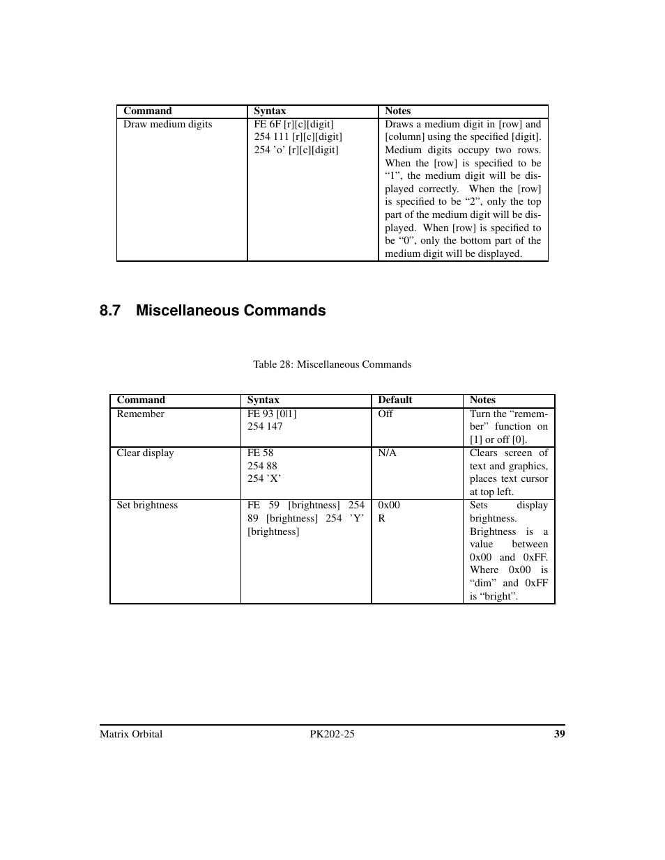 7 miscellaneous commands | Matrix Orbital PK202-25 User Manual | Page 43 / 50