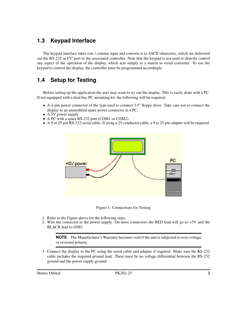 3 keypad interface, 4 setup for testing | Matrix Orbital PK202-25 User Manual | Page 6 / 50