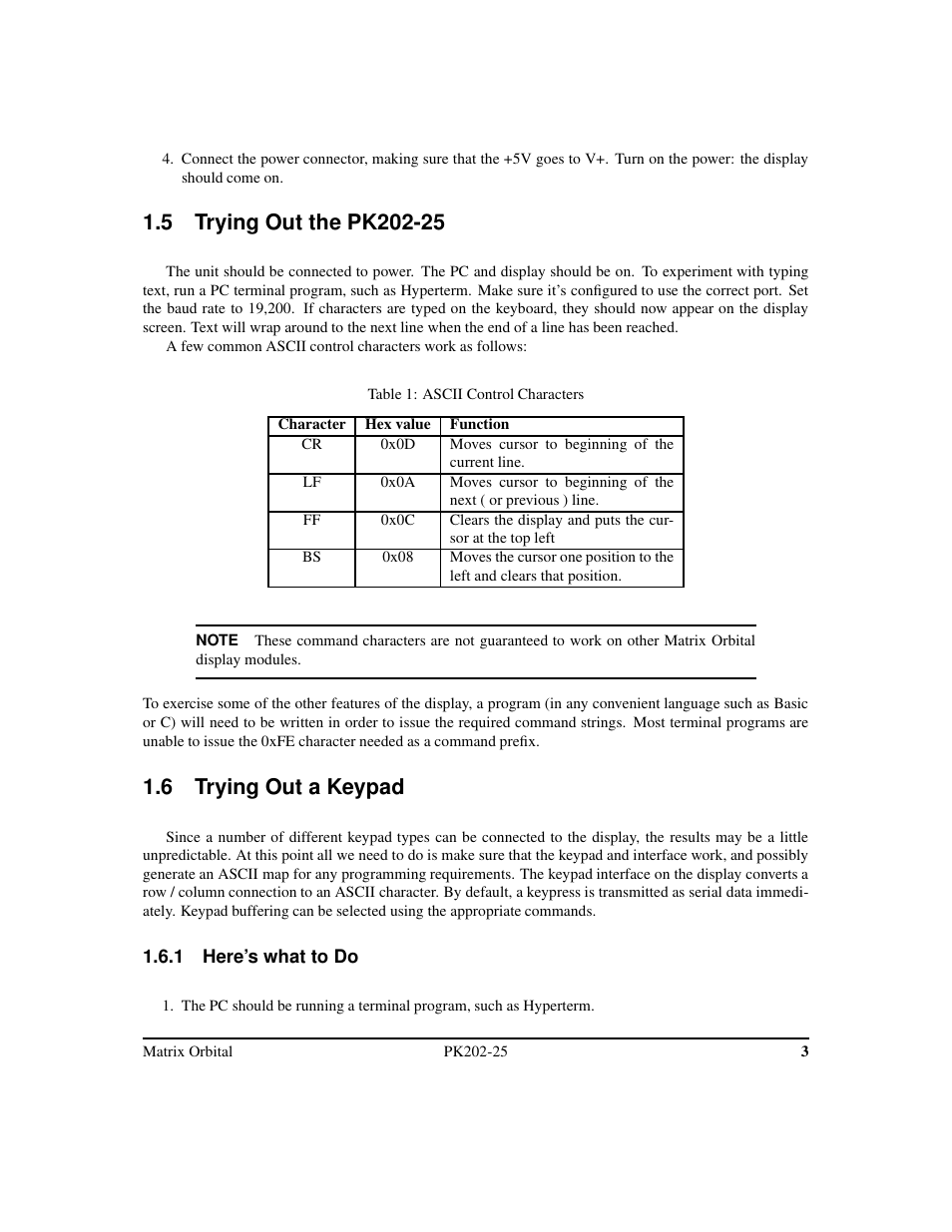 6 trying out a keypad | Matrix Orbital PK202-25 User Manual | Page 7 / 50