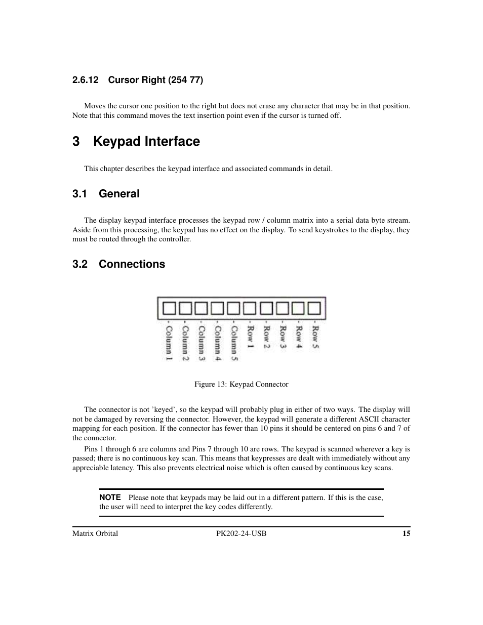 3 keypad interface, 1 general, 2 connections | Matrix Orbital PK202-24-USB User Manual | Page 19 / 48