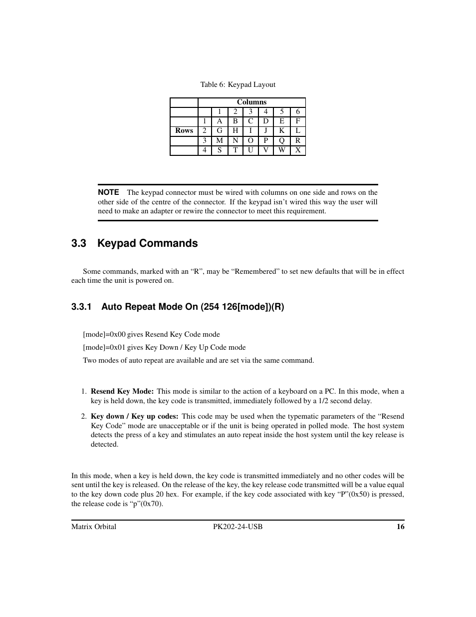 3 keypad commands | Matrix Orbital PK202-24-USB User Manual | Page 20 / 48
