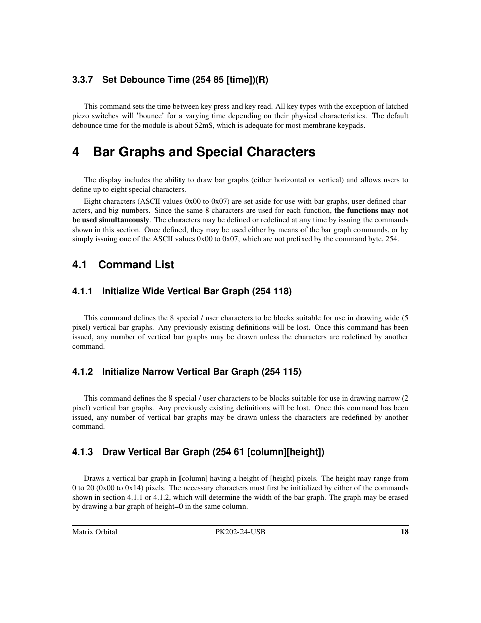 4 bar graphs and special characters, 1 command list | Matrix Orbital PK202-24-USB User Manual | Page 22 / 48