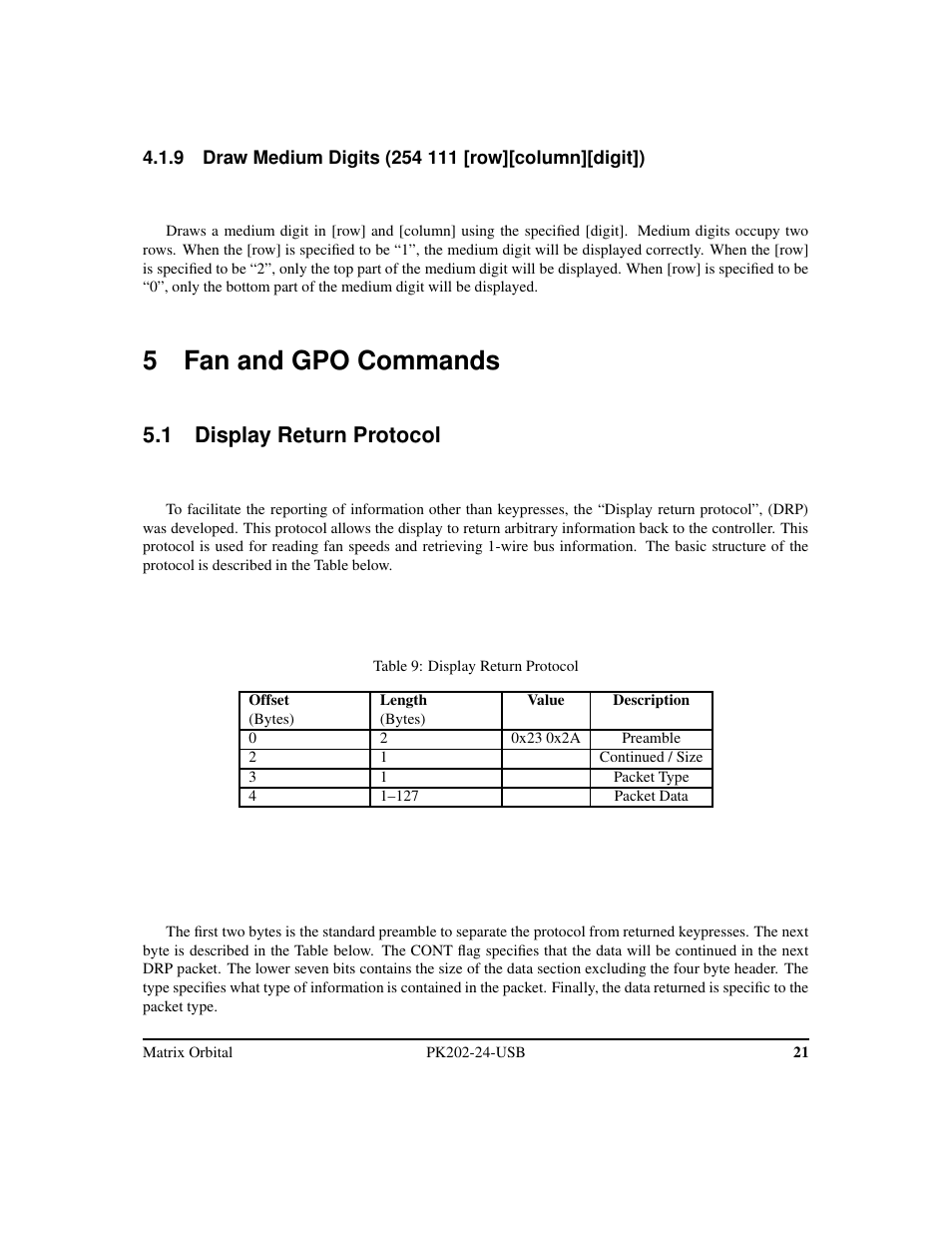 5 fan and gpo commands, 1 display return protocol | Matrix Orbital PK202-24-USB User Manual | Page 25 / 48