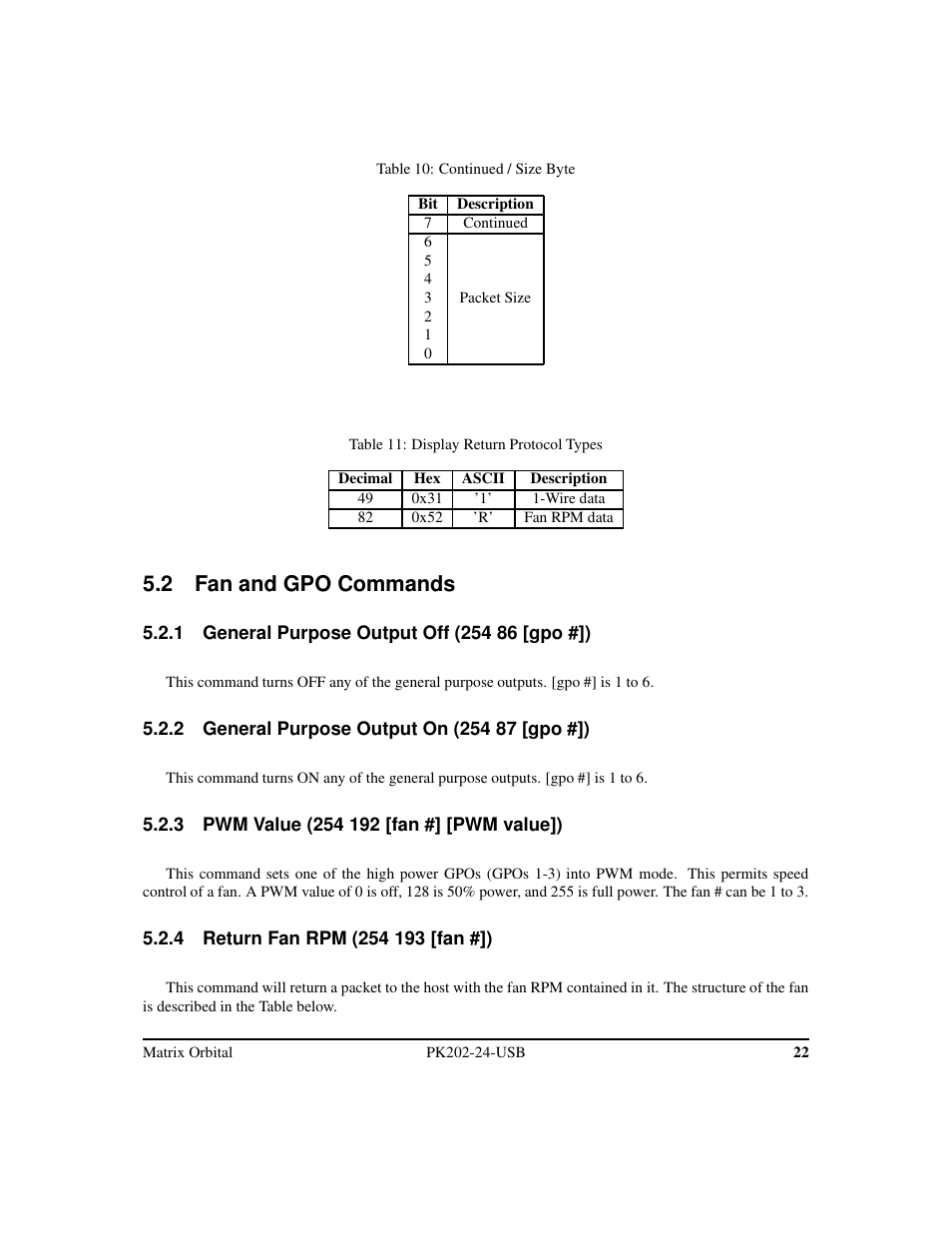 2 fan and gpo commands | Matrix Orbital PK202-24-USB User Manual | Page 26 / 48