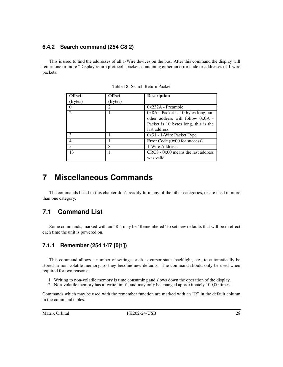 7 miscellaneous commands, 1 command list | Matrix Orbital PK202-24-USB User Manual | Page 32 / 48