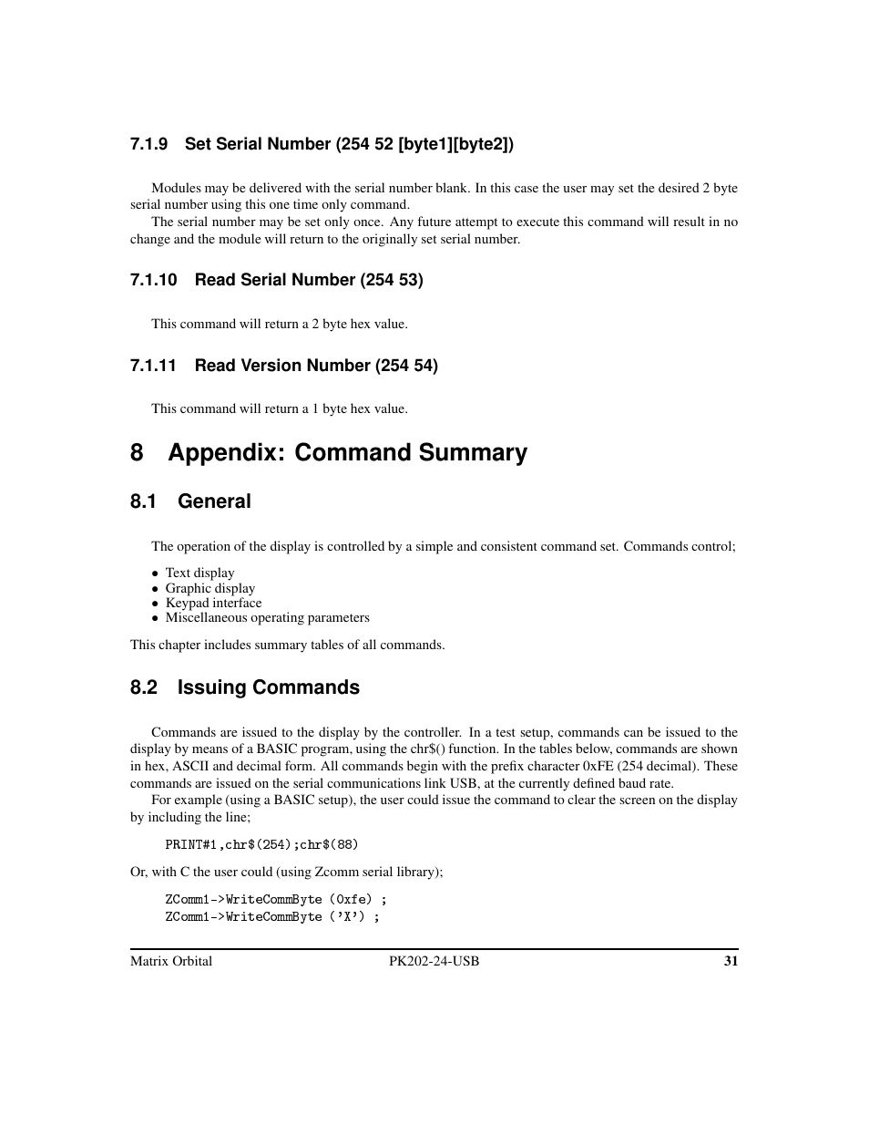 8 appendix: command summary, 1 general, 2 issuing commands | Matrix Orbital PK202-24-USB User Manual | Page 35 / 48