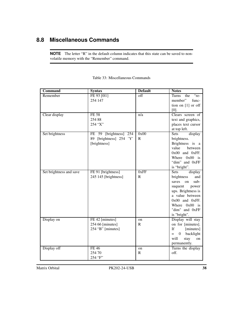 8 miscellaneous commands | Matrix Orbital PK202-24-USB User Manual | Page 42 / 48