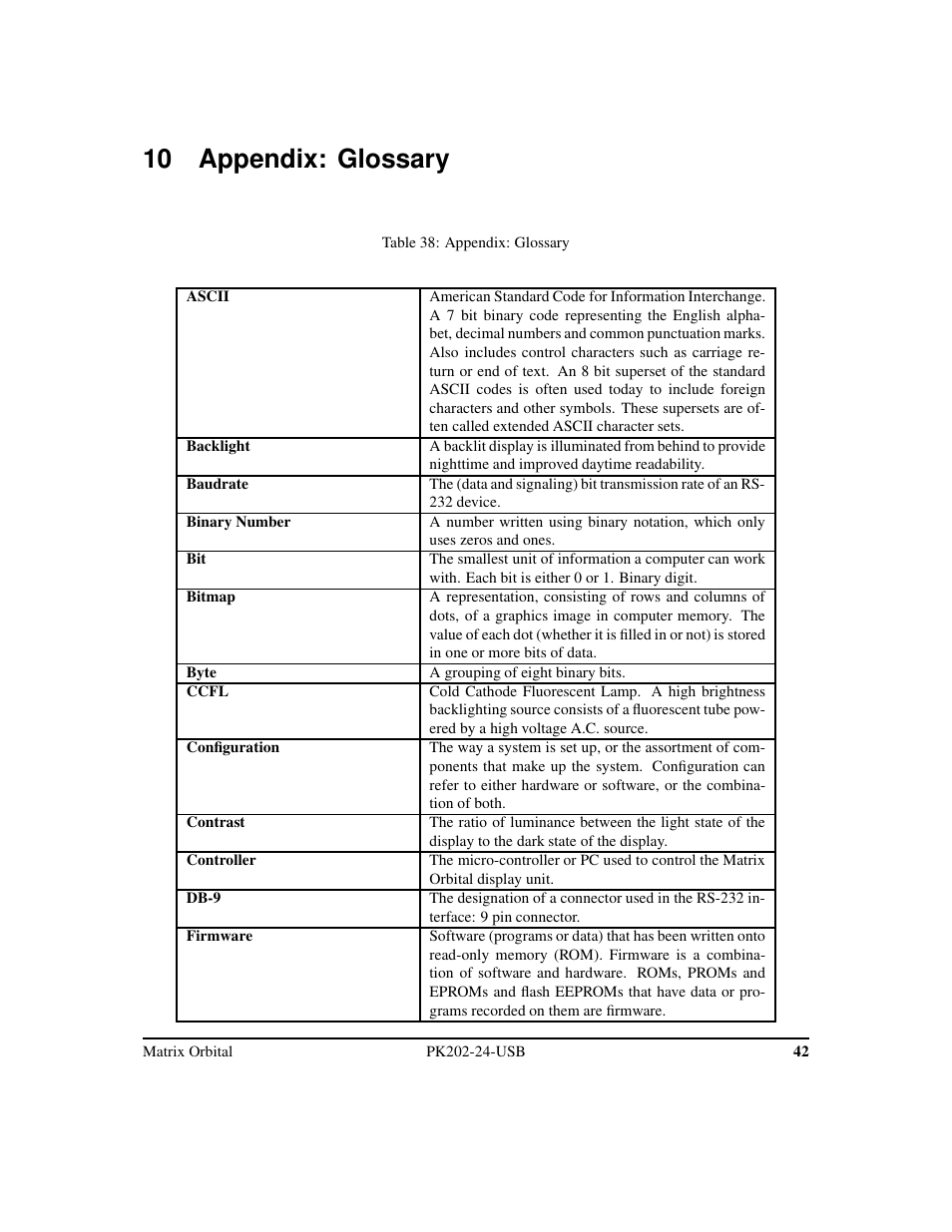 10 appendix: glossary | Matrix Orbital PK202-24-USB User Manual | Page 46 / 48