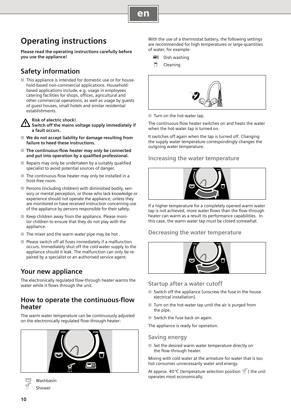 Operating instructions, Safety information, Your new appliance | How to operate the continuous-ﬂow heater, Increasing the water temperature, Saving energy | Siemens DE18401 User Manual | Page 10 / 48