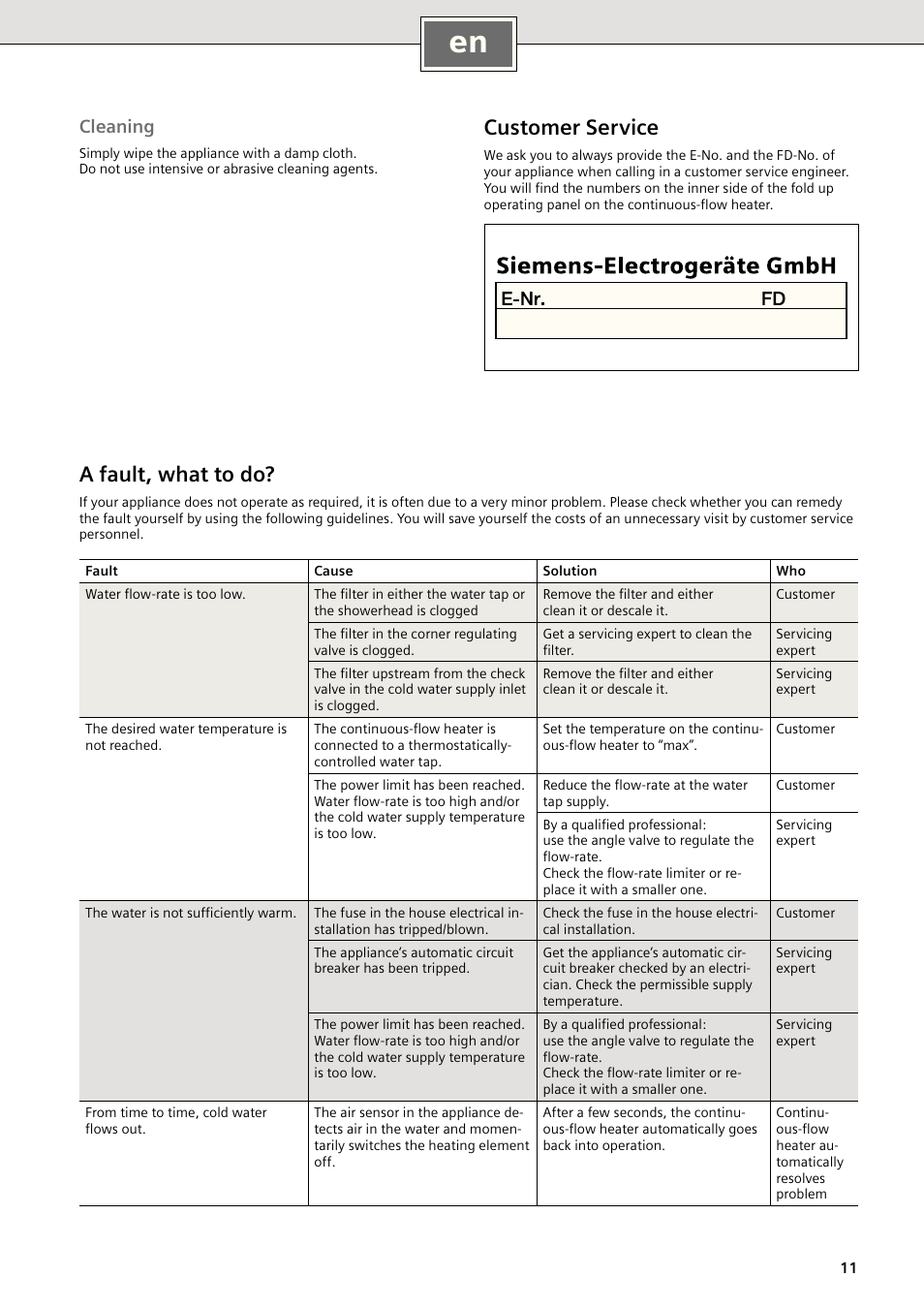 Customer service, A fault, what to do, Cleaning | Siemens DE18401 User Manual | Page 11 / 48