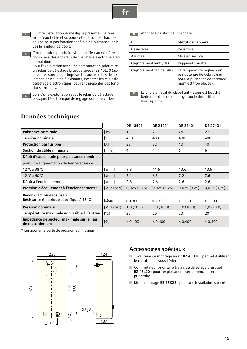 Données techniques, Accessoires spéciaux | Siemens DE18401 User Manual | Page 15 / 48