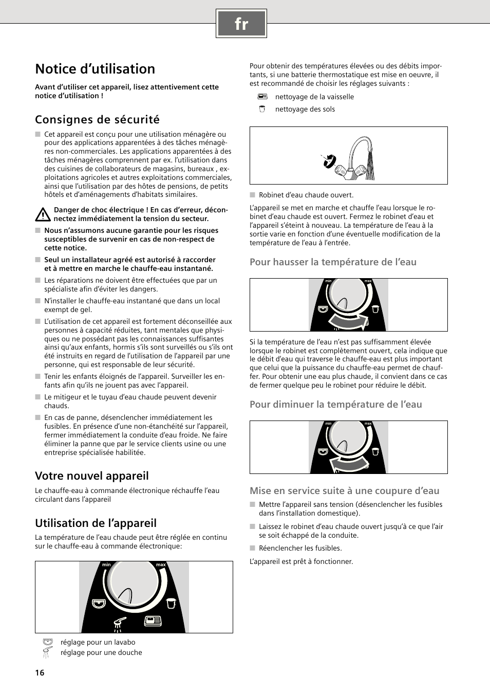 Notice d’utilisation, Consignes de sécurité, Votre nouvel appareil | Utilisation de l’appareil, Pour hausser la température de l’eau | Siemens DE18401 User Manual | Page 16 / 48