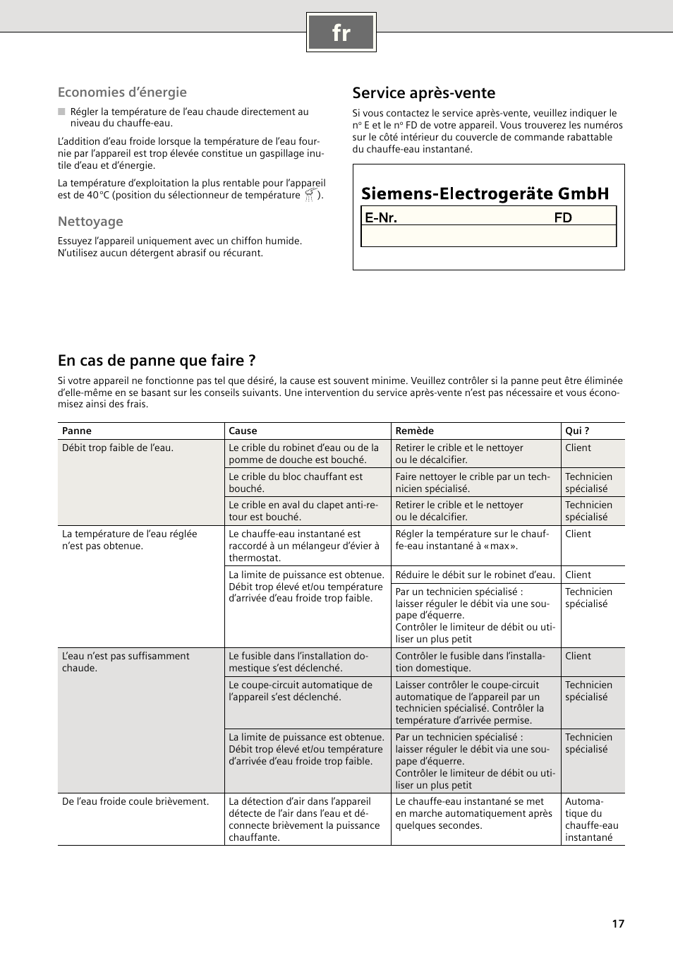 Service après-vente, En cas de panne que faire, Economies d’énergie | Nettoyage | Siemens DE18401 User Manual | Page 17 / 48