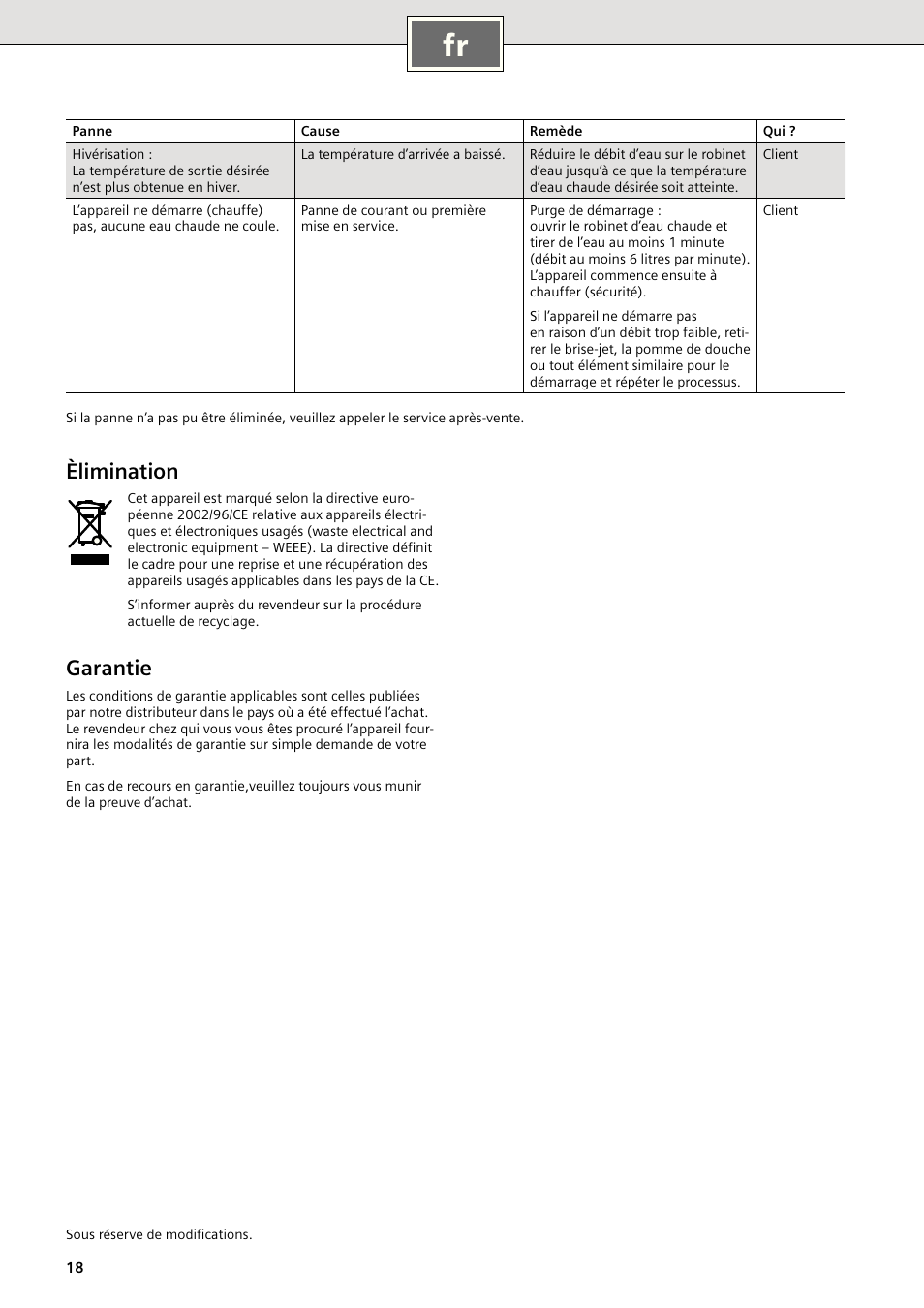 Èlimination, Garantie | Siemens DE18401 User Manual | Page 18 / 48