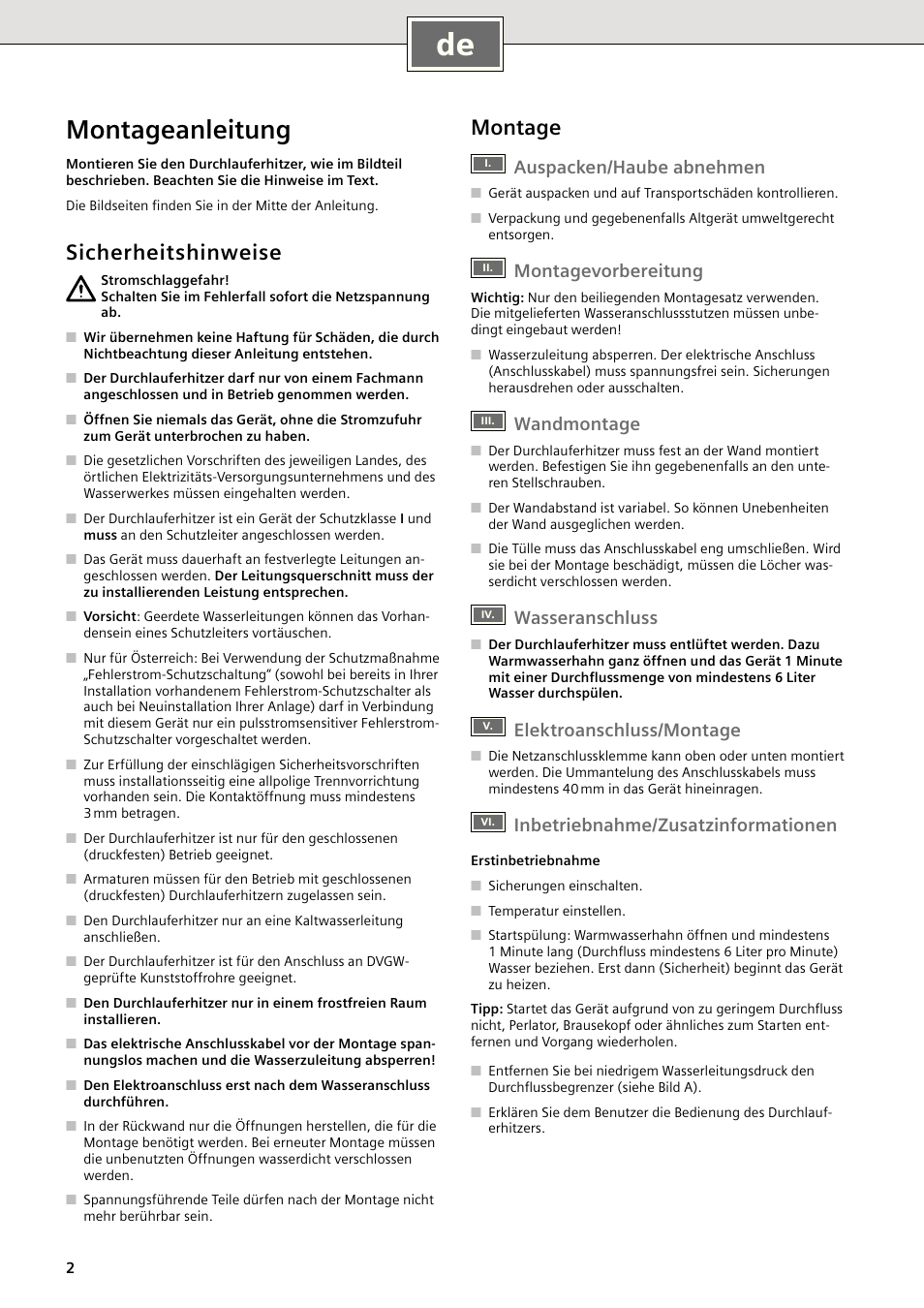 Montageanleitung, Sicherheitshinweise, Montage | Auspacken/haube abnehmen, Montagevorbereitung, Wandmontage, Wasseranschluss, Elektroanschluss/montage, Inbetriebnahme/zusatzinformationen | Siemens DE18401 User Manual | Page 2 / 48