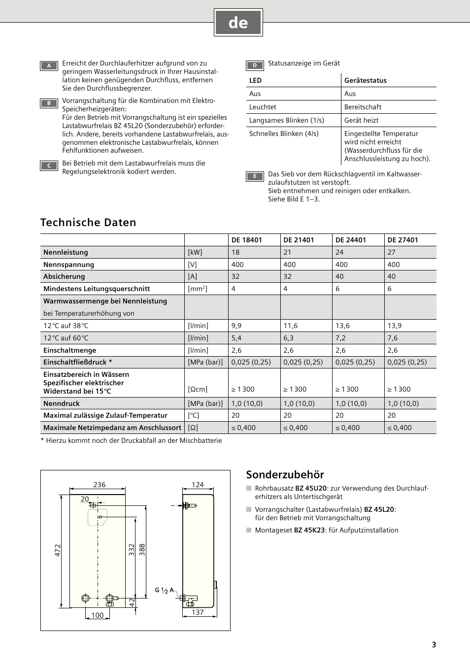 Technische daten, Sonderzubehör | Siemens DE18401 User Manual | Page 3 / 48