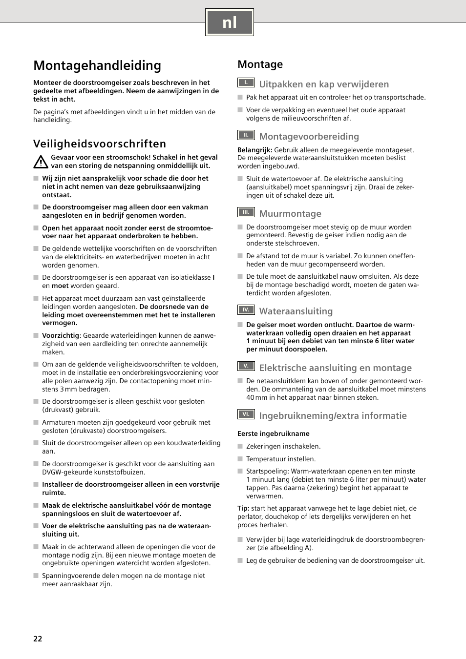 Montagehandleiding, Veiligheidsvoorschriften, Montage | Uitpakken en kap verwijderen, Montagevoorbereiding, Muurmontage, Wateraansluiting, Elektrische aansluiting en montage, Ingebruikneming/extra informatie | Siemens DE18401 User Manual | Page 30 / 48