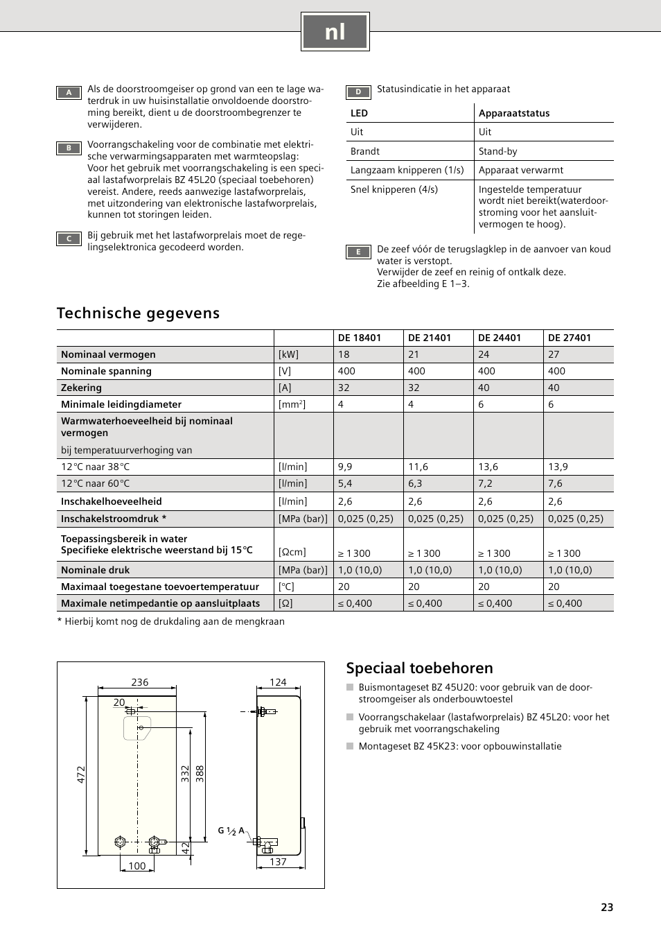 Technische gegevens, Speciaal toebehoren | Siemens DE18401 User Manual | Page 31 / 48