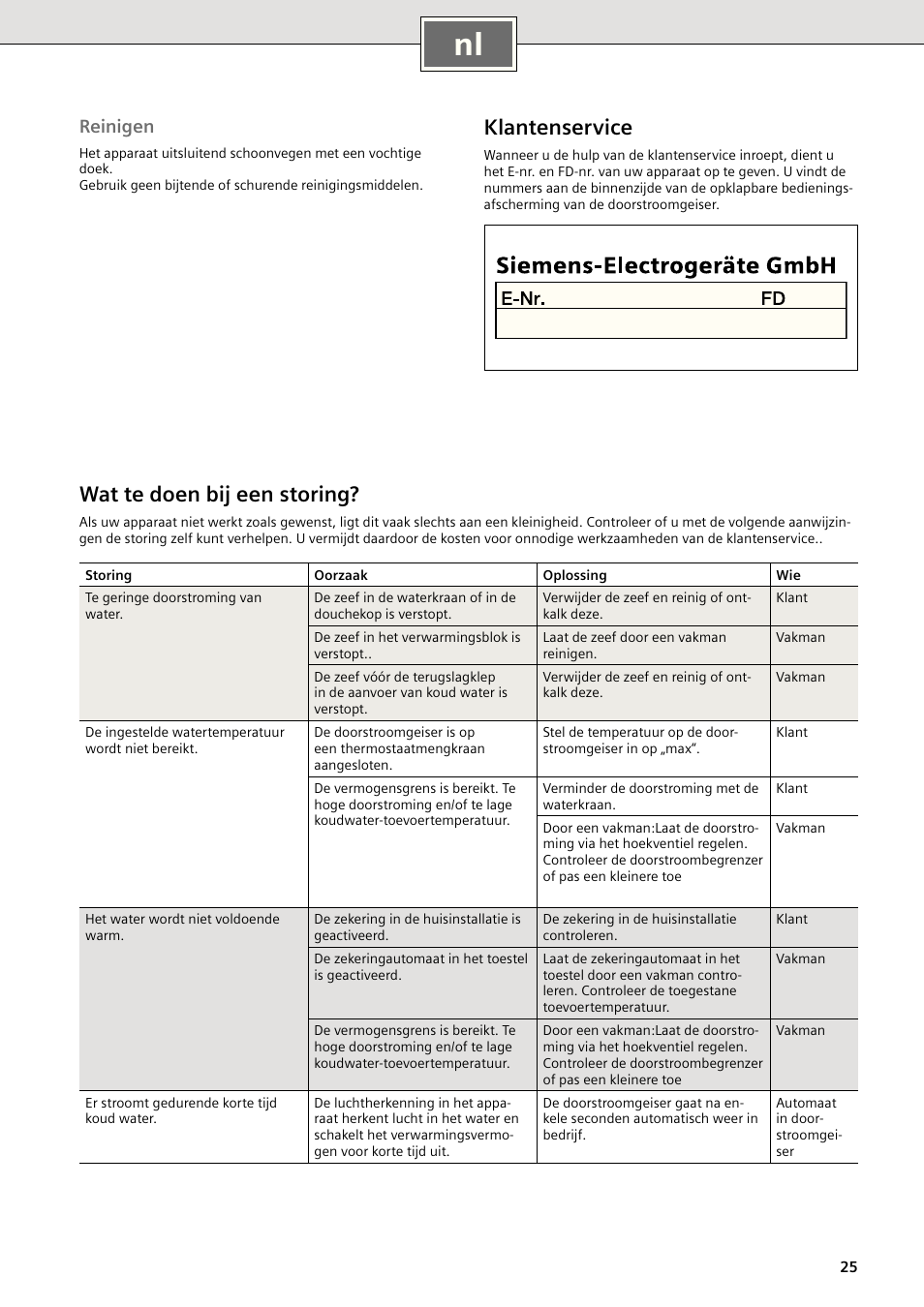 Klantenservice, Wat te doen bij een storing, Reinigen | Siemens DE18401 User Manual | Page 33 / 48