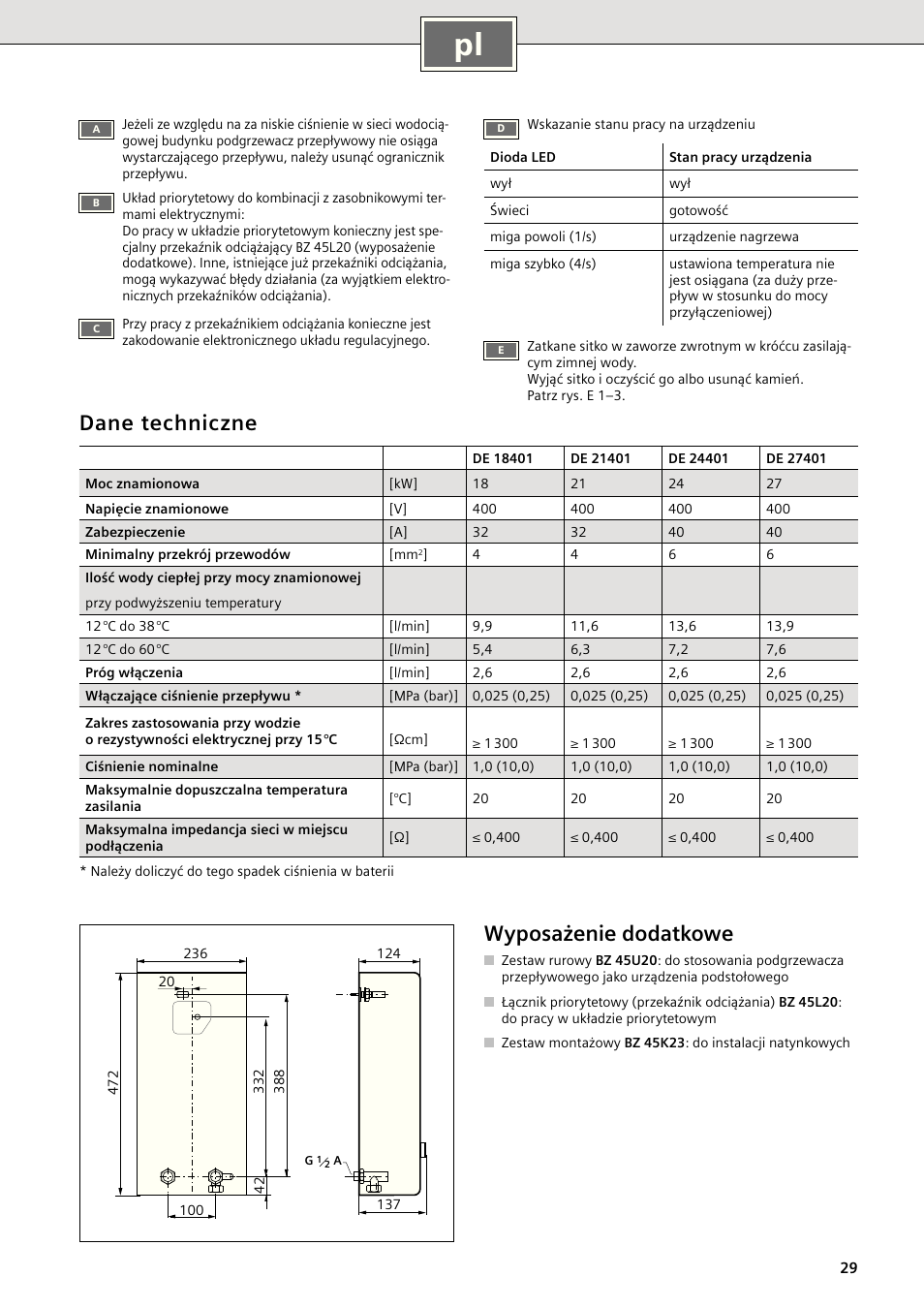 Dane techniczne, Wyposażenie dodatkowe | Siemens DE18401 User Manual | Page 37 / 48