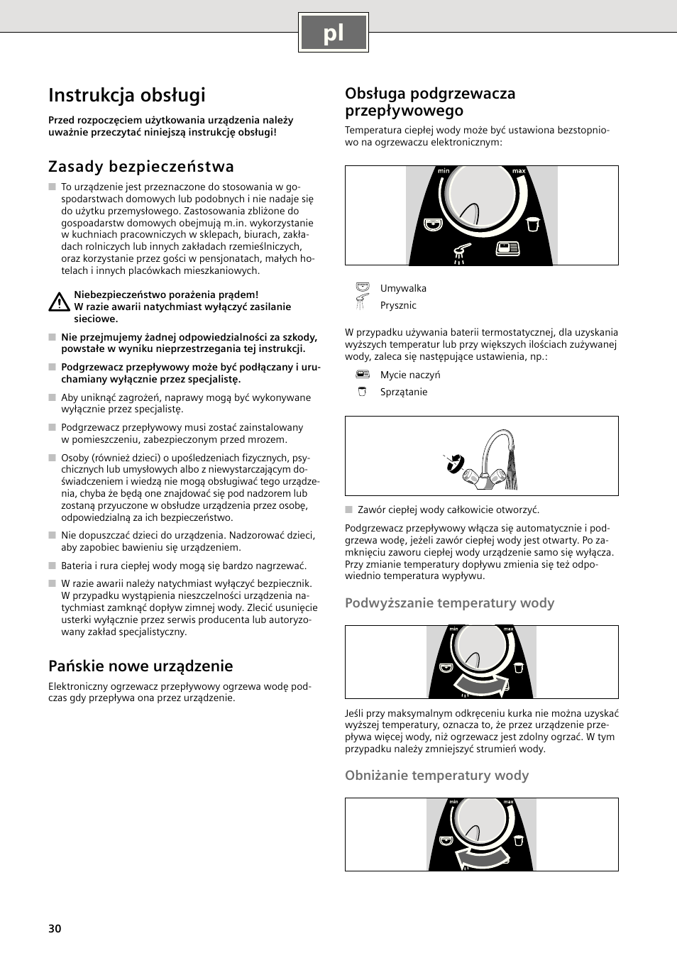 Instrukcja obsługi, Zasady bezpieczeństwa, Pańskie nowe urządzenie | Obsługa podgrzewacza przepływowego, Podwyższanie temperatury wody, Obniżanie temperatury wody | Siemens DE18401 User Manual | Page 38 / 48